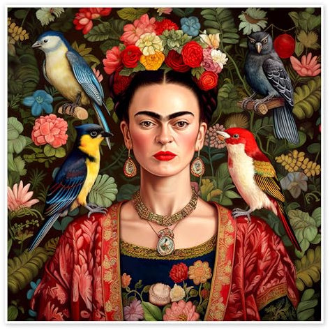 Frida Kahlo mit exotischen Vögeln Poster von Mark Ashkenazi 30 x 30 cm Bunt Wandbilder Wanddeko