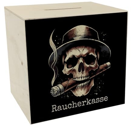 Raucherkasse mit Totenkopf Spardose aus Holz Totenkopf Schädel Spardose aus Holz Zigarre Rauchen Motiv Skelett Knochen Design Raucher-Gadget