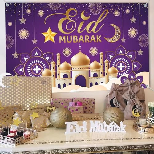 KEPMOV Eid Mubarak Backdrop Banner, Lila und Gold Große Stoff Ramadan Banner Ramadan Dekorationen für Zuhause Mubarak Banner Schild Photo Booth Hintergrund mit Seil für Muslim Ramadan Party