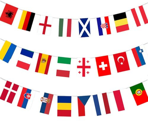 1Pc 2024 EURO Football Championship Bunting Flags - 24 National European Flag Bunting - Double Sides Fabric European Participating Teams Flag Bunting - Decor for Garden Bar Party (B-20x28cm)