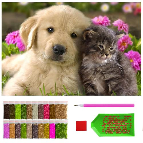 ARTULIO Diamond Painting Set - Umarmter Hund mit Katze - 40x60 cm - Groß XXL - 5D Diamant Painting Bilder DIY, Diamond Painting Erwachsene