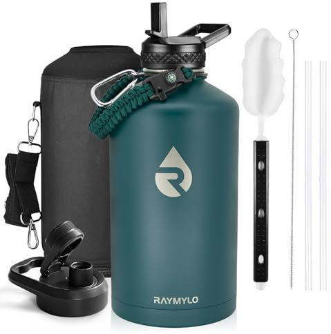RAYMYLO One Gallon Water Bottle Insulated, Triple Walled Vacuum Stainless Steel (Cold for 48 Hrs), Leak Proof & Non-BPA, Large Water Flask Jug with Paracord Handle & Straw Spout Lids