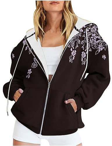 SYDUZAX Femme Sweat-Shirt Capuche Zippé Femme Sweat Imprimé Fleuri avec Fermeture Eclair Hoodie Manches Longues Et Poche Veste Chaude Chic Et Elegant Pas Cher Cardigan Sport Fitness Outdoor Basic