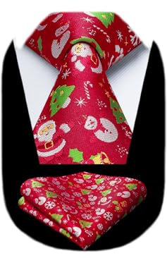 HISDERN Rot Weihnachts Krawatte Herren Lustig Weihnachten Krawatte mit Taschentücher Weihnachtsmotiv Funny Party Xmas Schlips Einstecktuch Set