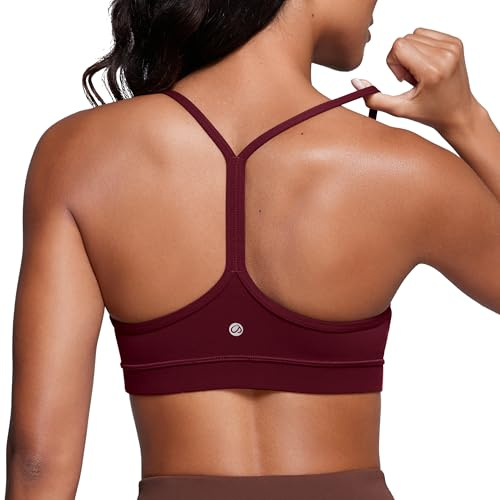 CRZ YOGA Women's Butterluxe Padded Sports Bra - Low Impact Y Back Strappy Bra Racerback Spaghetti Straps Gym Yoga Bras Red Merlot S