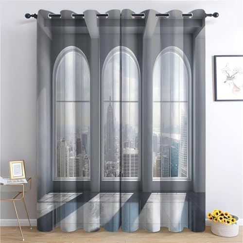 CozyRest Blickdichte Gardinen Bogenfenster New York City Verdunkelungsvorhang - Lichtundurchlässige Vorhang mit Ösen für Schlafzimmer Geräuschreduzierung 214 x 91.5 cm, 2er Set