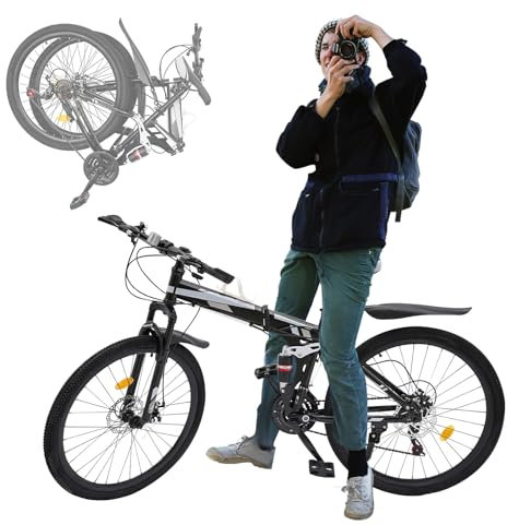 NaMaSyo 26 Zoll Mountainbike Erwachsene Fahrrad klappbar MTB 21 Gang Stahlrahmen Klapprad Mit Scheibenbremsen Schutzblech Federgabel Trekkingrad Unisex