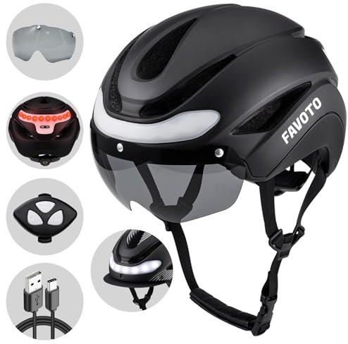 Favoto Casque de Vélo avec Lumière - Casques de Cyclisme pour Homme Femme Adulte avec Lumières Arrières Circonférence Réglable Visière Amovible L 59-61cm Noir