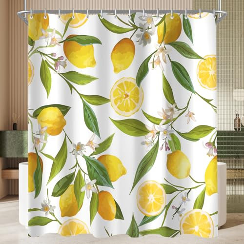 Lerores Rideau de douche 180 x 180 cm - Motif feuilles de citron - Ourlet lesté - Anti-moisissure - Imperméable - Lavable - En polyester - Avec 12 œillets et anneaux de rideau de douche - Pour salle