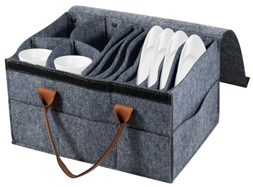 Porte-assiettes en feutre pour caravane avec 8 compartiments pour assiettes, 4 porte-gobelets et 8 poches latérales, résistant à la poussière, sac de rangement pour vaisselle de camping avec couvercle