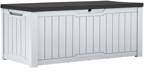 YITAHOME Outdoor Storage Box, 120 Gallon Waterproof Deck Box for Garden Tools, Patio Cushions, and Pool Accessories, Lockable, Easy Assembly, Versatile Bench or Table (Black + White)