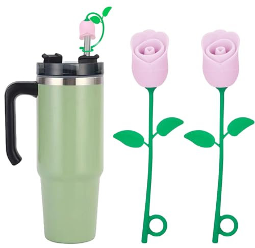 2PCS Straw Covers Set Rose Bouquet Straw Cover Reusable Food Grade Silicone Straw Toppers Cup Accessories Decorative Straw Protector Cover Dust-Proof Straw Tips Lids for 10mm Straws
