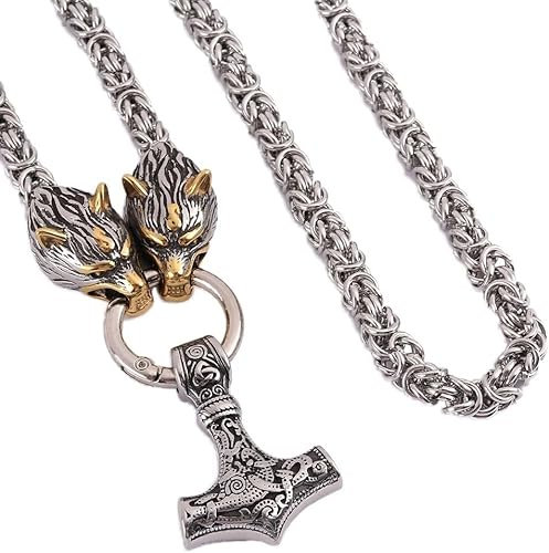 Neklace for Men, Viking Mjolnir Wolf Head Stainless Steel Necklace - Nordic Celtic Thor's Hammer Pendant Byzantine Chain - Norse Odin Fenrir Amulet Pagan Animal Jewelry (Color : Two-Color,