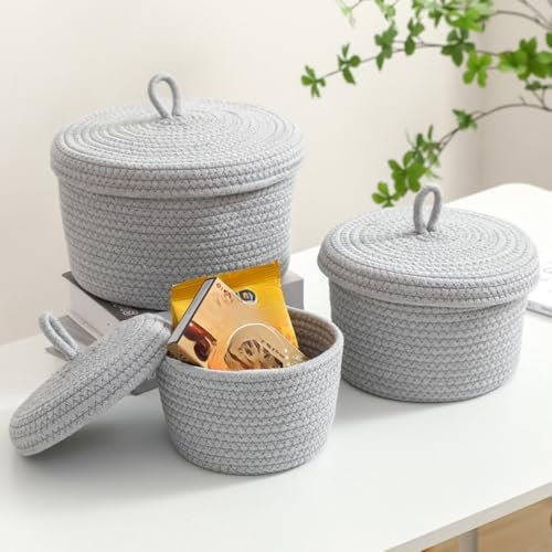 WANSHI körbe mit deckel geflochten,aufbewahrungskorb geflochten mit deckel,korb rund geflochten mit deckel,Yarn, Nursery Accessories, Snacks (grau)