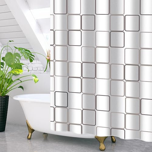 GRICOL Rideau de Douche Polyester Imperméable Tissu Lavable en Machine Rideau Salle de Bain avec 12 Crochets 240x200CM Blanc Carreaux