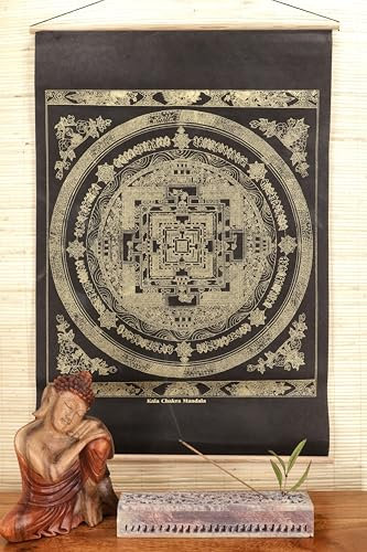 GURU SHOP Buddhistischer Wandbehang aus Loktapapier, Tibetischer Buddhismus Dekoration - Kalachkra Mandala/gold, 70x47x0 cm