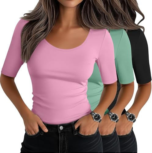 Neer Lot de 3 Tops Femme Grand Col Rond Manches Mi-Longues Élastiques Mélange Coton Slim Fit Basique Été | T-shirts ajustés, chemises à manches 1/2, t-shirts décontractés serrés, manches coudes, couches, mélange de coton, extensible