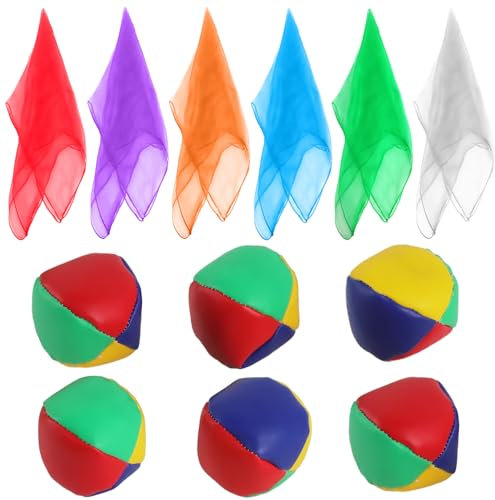 FYSL Jonglierbälle und Jongliertücher Set, 6 Juggling Balls aus Leder Ø6cm+ 6 Chiffontücher 60×60 cm, Jonglieren Lernen für Kinder & Erwachsene, Motoriktraining für Kindergarten, Schule und Zuhause