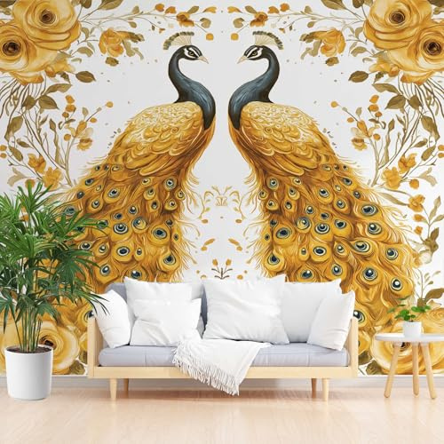 Animalprint Pfau Schlafzimmer Fototapete 3D Effekt Gold Wandtapete Schlafzimmer 300x210 cm Vlies Tapeten Moderne Wandtapete Wohnzimmer Wandbilder Dekoration