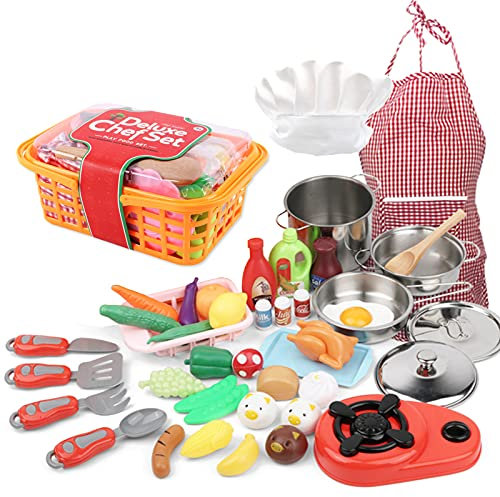 Kids Baking Set, Chef Hat Apron Kitchen Toy with Stove Pan Spoon Vegetable Fruits Storage Basket Cooking Baking Set for Toddlers, Realistic Kitchen Experience, Chef Costume