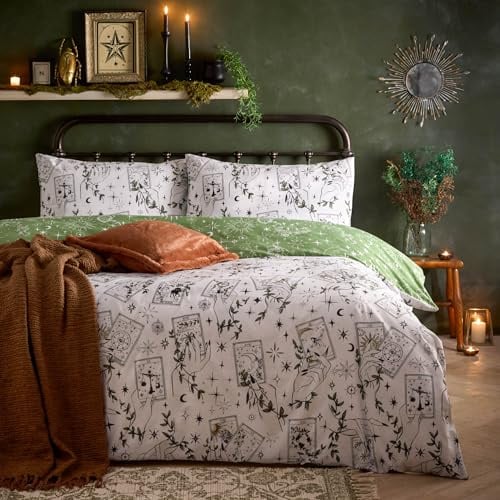 furn. Celestial Stories Bedding Set (Green - King Size) | Reversible Autumnal Mystical Botanical Tarrot Card Easycare Polycotton Bedding