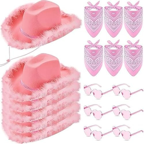 MALLOOM 6 Chapeaux Cowgirl Roses avec 6 Bandanas et 6 Lunettes en Forme de Cœur – Accessoires de Déguisement Western pour Femmes – Fête de Bachelorette