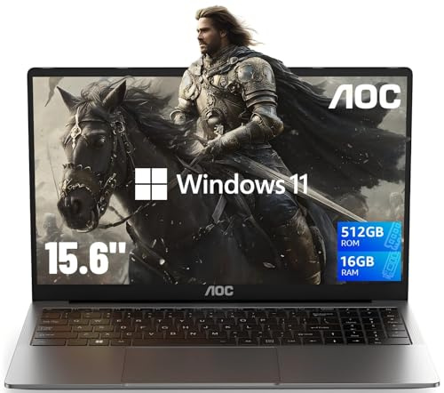AOC Ordinateur portable AX15 2025 avec écran FHD de 15,6, processeur N97 (jusqu'à 3,6 GHz) 16 Go de RAM, SSD 512 Go, ordinateur portable Windows 11, léger et fin, coque métallique, webcam, type C