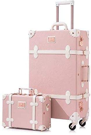 Unitravel Vintage Reisekoffer Set, 2 Teilig PU-Leder Gepäck mit Schminkkoffer, Geprägtes Rosa, S+L