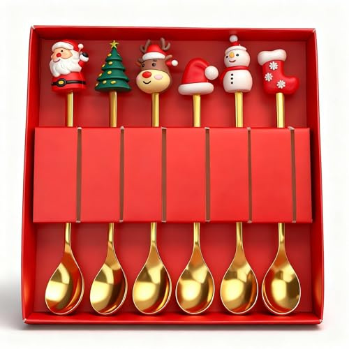 6 Stück Weihnachtslöffel – Goldenes Weihnachtsbesteck mit Figuren – Elegantes Weihnachtsgeschirr Set für Kaffee, Dessert & Weihnachtsgläser – Kleine Weihnachtsgeschenke für Familie & Freunde