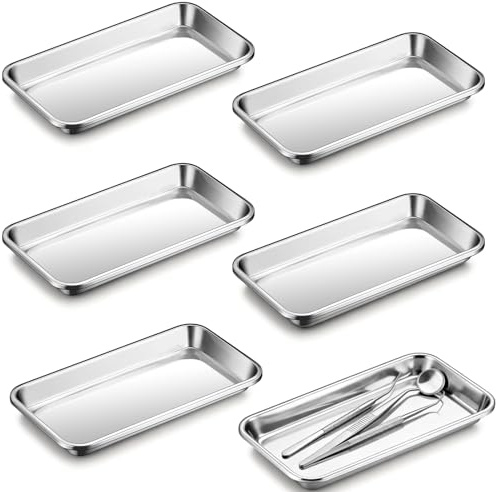 6 Stück Instrumententablett, Edelstahl Schale Rechteckig Tabletts 22,5×11,7×2cm Edelstahltabletts Labortablett Servierplatten für Labor Nützliches Werkzeug (Sliber)