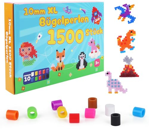 1500 Stück Bügelperlen Groß 10mm, 10 Tollen Farben 150 Stück pro Farbe Steckperlen, 10mm Bastel-Nachfüllset, XL Große Bügelperlen Maxi, Große Set für Kinder ab 3 Jahren