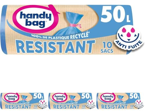 Handy Bag - Sacs poubelle à lien Résistant 50L x 10 sacs - Performants : film plastique résistant - Étanchéité maximale - 100% plastique recyclé (Lot de 4)