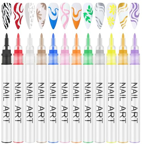 BUTBU 12 Colors Nail Art Pens Set, 3D Nail Art Graffiti Pen, Quick Drying nail Polish Pens, Professional Nails Varnish Pen for Dotting, Drawing and Painting Manicure Tools Kit for DIY (Set A)
