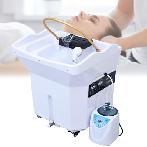 Équipement de Spa pour la Tête Mobile, Appareil Head Spa, Réservoir d’Eau 60 L, 4 Roues avec Frein, Coussin Repose-Tête Réglable, Luminothérapie et Brumisation, pour Salon de Spa et Coiffure, Blanc