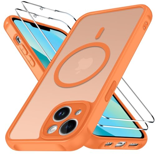 ivoler für iPhone 13 Hülle mit 2 Panzerglas, MagSafe, Matt Orange | 3-in-1 Set, Militärschutz Stoßfest Kratzfest Haltbarkeit, Sottile, TPU-Rahmen, Durchscheinend Rückseite