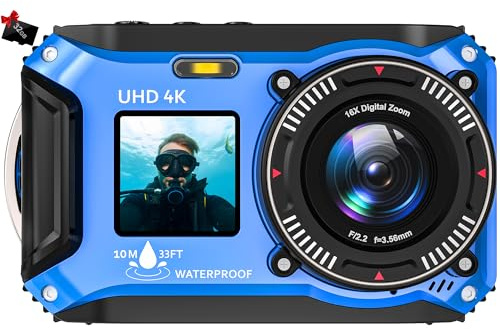 Digital Camera - 4K 64MP 33FT UHD Underwater Camera for Snorkeling with 32GB Card Dual-Screen Compact Waterproof Dustproof Floatable Camera - Autofocus Point and Shoot Digital Camera 1500mAh Battery