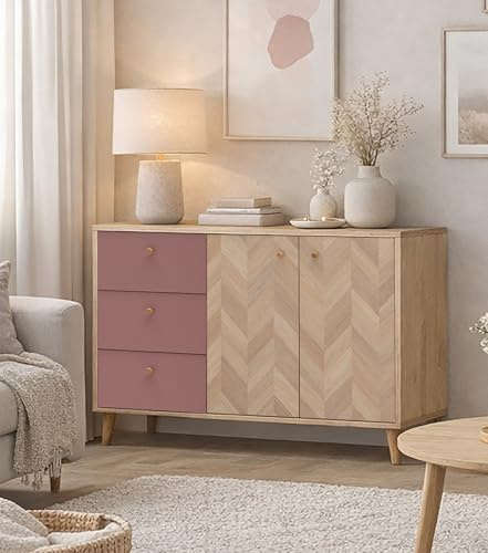 Schildmeyer Visby Sideboard 160935 Eiche hell Dekor/Mauve/Fischgräten Dekor, 109 x 33 x 73,9 cm