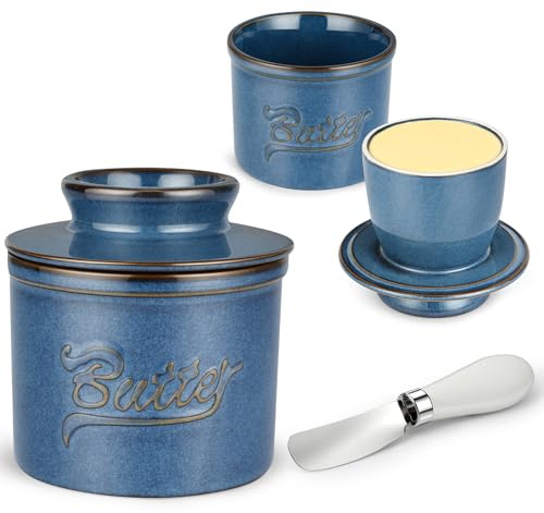 Vicloon Butter Crock, Butter Dish with Lid & Knife, Ceramic Butters Keeper with Waterline, Round Butter Dish for Fresh Butter Spreadable, Container for Countertop Dishwasher Safe, Blue