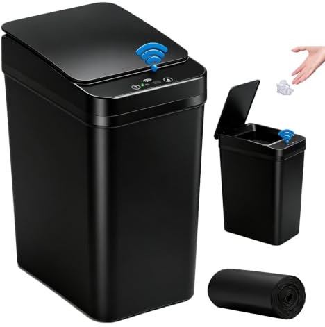 Smart Touchless Bathroom Trash Can 10L Motion Sensor Rubbish Can +50pcs bag | Electric Waterproof Garbage Bin with Lid Narrow Slim Design for Kitchen, Office, Toilet, Bedroom Free 50 Trash bags
