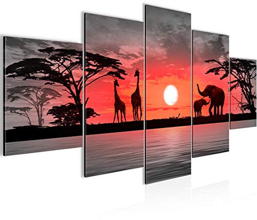 Runa Art Bild Wohnzimmer Schlafzimmer Afrika Sonnenuntergang 5 Teilig Giraffe Elefant Orange Wandbilder auf Vlies Leinwand 000253b