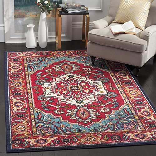 SAFAVIEH Monaco Collection Area Rug - 6'7 x 9'2, Red & Turquoise, Boho Oriental Medallion Design, Non-Shedding & Easy Care, Ideal for High Traffic Areas in Living Room, Bedroom (MNC207C)