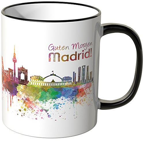 WANDKINGS® Tasse, Schriftzug Guten Morgen Madrid! mit Skyline - SCHWARZ