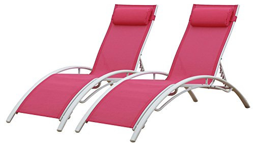Happy Garden Lot de 2 transats en Galapagos en textilène Fuchsia/Structure Blanche. Bain de Soleil d'extérieur Multi Positions.