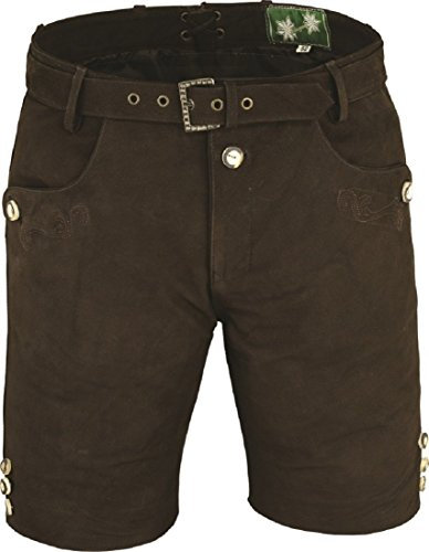 Klassische echt Leder Nubuk Trachten Lederhose Herren kurz, Ledershorts Trachtenlederhose mit Gürtel in Braun (54, Braun)