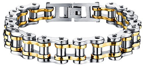Cupimatch Motorcycle Biker Chain Bracelet Punk Rock Link Wristband for Men Cool Silver Stainless Steel 8.5 (Silver gold) for Fathers Day