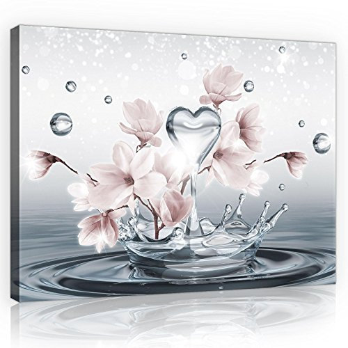 Forwall - Leinwand Bilder - Magnolie Blumen Wassertropfen Herz - 80x60 cm Leinwandbilder - Bild auf leinwand - Wandbild XXL groß Wandbilder für Wohnzimmer Schlafzimmer Wohnzimmerbilder Modern