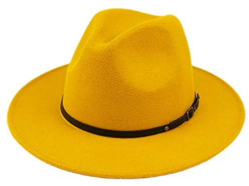 Lanzom Klassischer Panamahut für Damen, breite Krempe, Gürtelschnalle, Wolle, Fedora-Hut, passend für Größe 39 - 40 - 40, gelb, Einheitsgröße