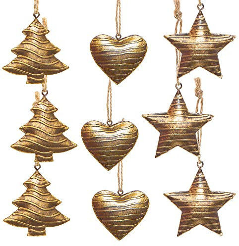 Logbuch-Verlag 9 Weihnachtsanhänger aus Metall Gold Bronze Stern Herz Baum 5 cm Baumanhänger Baumschmuck Weihnachten Deko