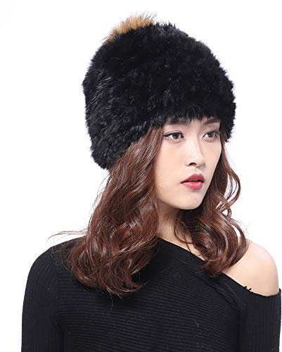BeFur Damen Baskenmütze echte Fuchs Fell Strickmütze schöne Winter Mütze Beanie Bommelmütze - schwarz