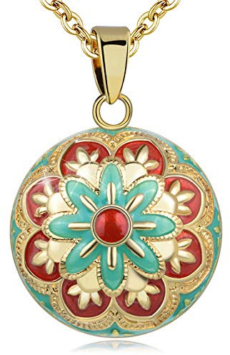 EUDORA Harmony Ball bola de grossesse Collier Gold Rétro Colorée Fleur Souhaitant Pendentif boule pour les femmes filles dames de Nice bijoux cadeau, 76,2 cm & 114 cm chaîne